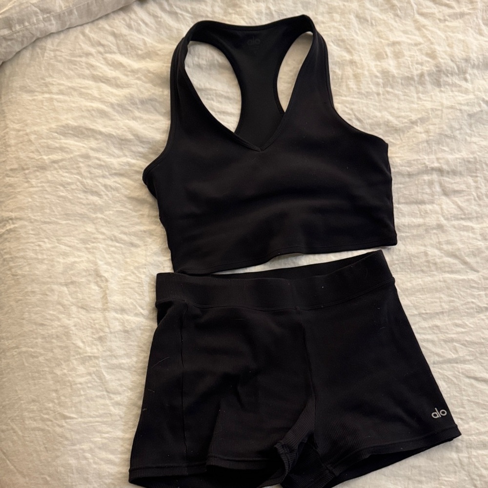 ALO Yoga Black Racerback Sports Bra and Shorts (waffle material)